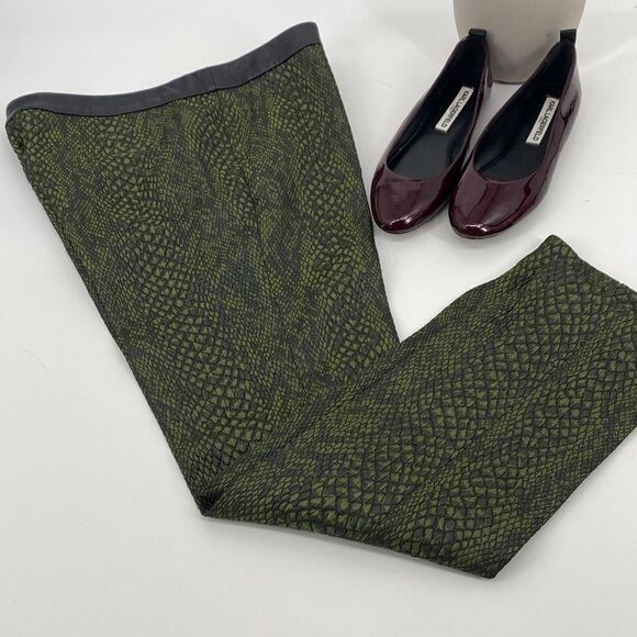 Tibi‎ Mid-Rise Skinny Snakeskin Ankle Pants Leather Trim Stretch Green /Black 6 - Picture 1 of 14